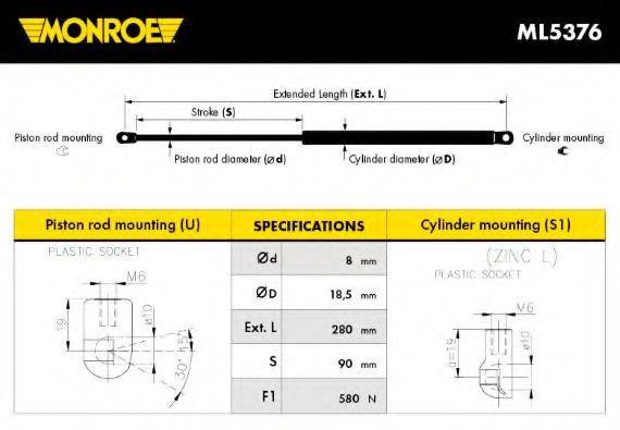 MONROE ML5376 Газова пружина, кришка багажника