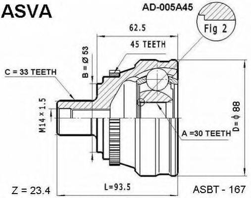 ASVA AD005A45 Шарнірний комплект, приводний вал