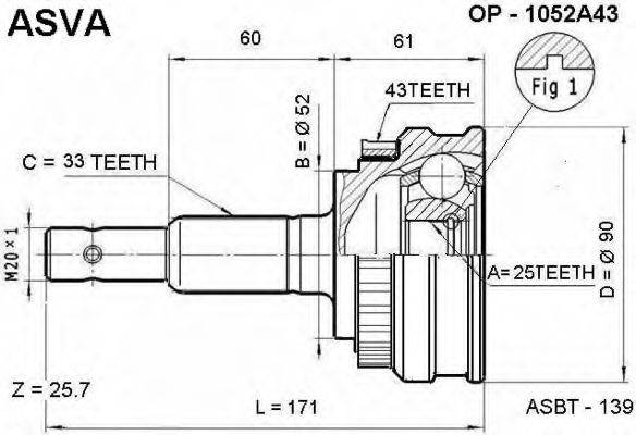 ASVA OP1052A43 Шарнірний комплект, приводний вал
