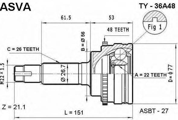 ASVA TY36A48 Шарнірний комплект, приводний вал