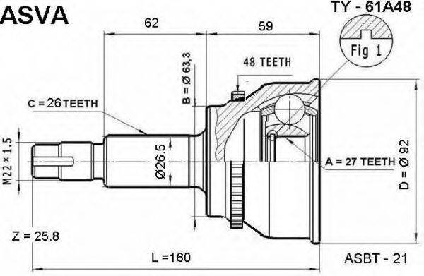 ASVA TY61A48 Шарнірний комплект, приводний вал