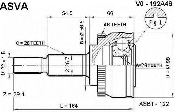ASVA VO192A48 Шарнірний комплект, приводний вал