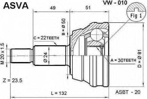 ASVA VW010 Шарнірний комплект, приводний вал